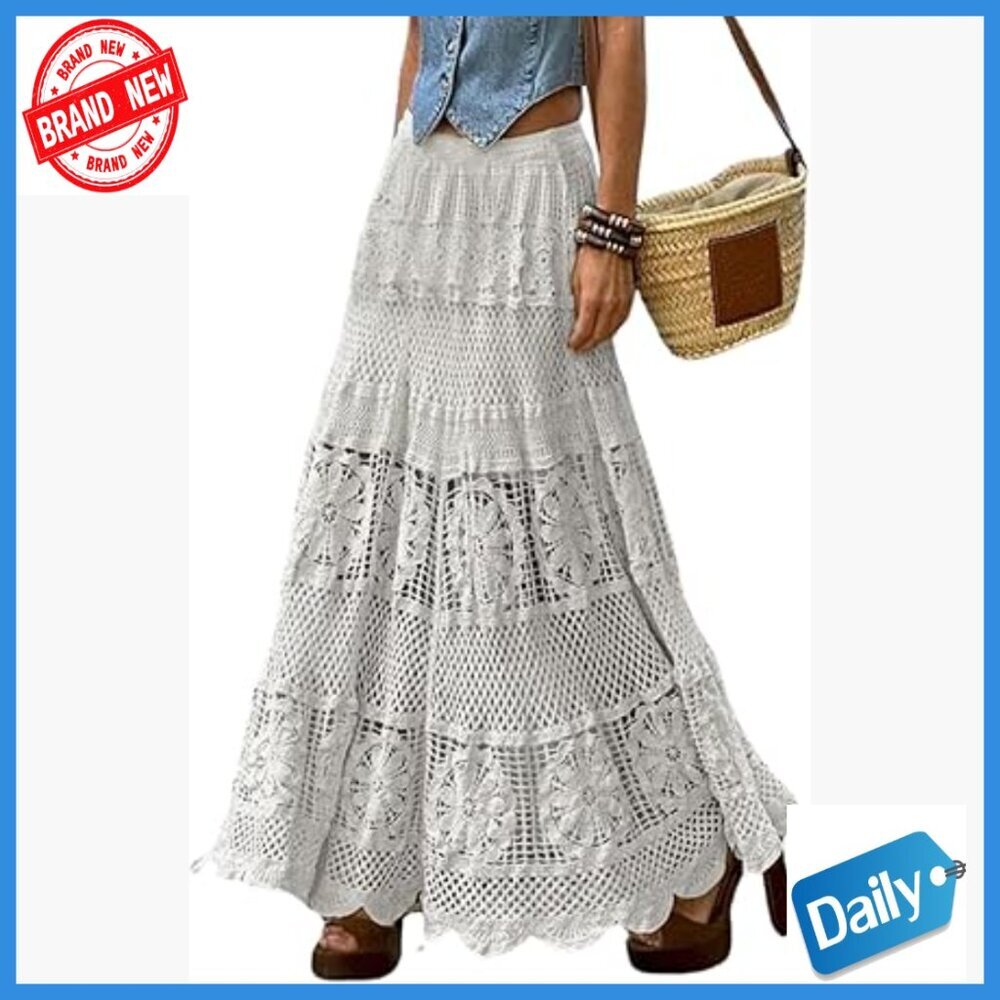 Western Floral Lace Crochet Maxi Skirt A-Line Elastic Waist Boho